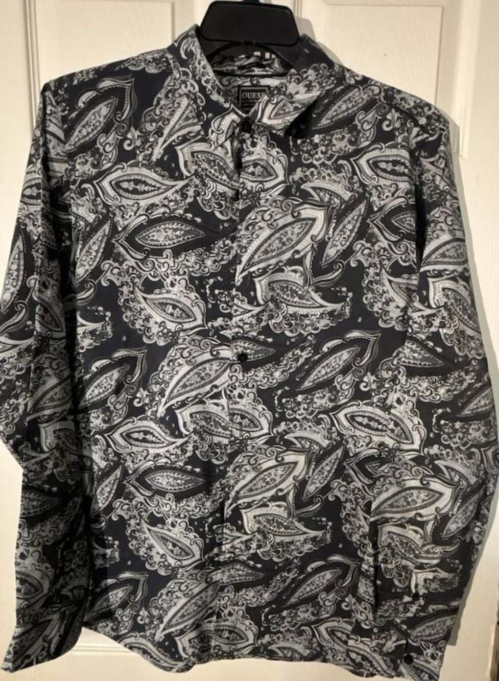 Guess Paisley Long Sleeve Button-Down Shirt Size L Black White